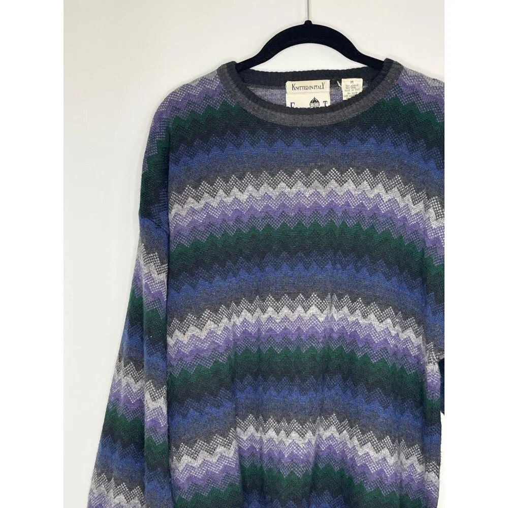 Vintage Florence Tricot Made in Italy Purple Black Wool‎ Blend Chevron Sweater M